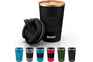 Tlater Tasse à café to go - 380 ml - Gobelet isotherme - Avec couvercle anti-fuite - Double paroi - En acier inoxydable - Pour café et thé - Noir