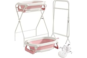 UBRAVOO Vasca da bagno per neonati con supporto, vasca da bagno pieghevole con termometro e cuscino da bagno, cuscino ergonomico e scarico, durevole, ideale per neonati e bambini fino a 12 mesi (Rosa)