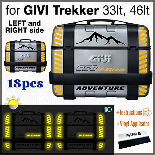 Suzuki V-Strom 650 STICKERS 18pcs for GIVI Trekker 33lt, 46lt (LEFT and RIGHT side) Panniers Reflective RIFRANGENTI ADESIVI per VALIGIE LATERALI (Black / Yellow)