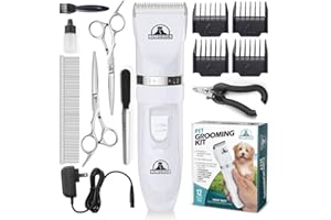 Pet Union Professional Dog Grooming Kit - Rechargeable, Cordless Pet Grooming Clippers & Complete Set of Dog Grooming Tools. Low Noise & Suitable for Dogs, Cats and Other Pets (White)