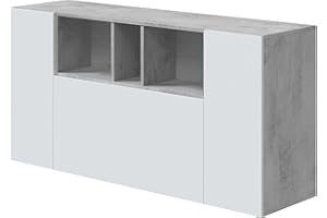 Habitdesign Aparador 3 Puertas, Bueffet para salón, Armario Auxiliar, Modelo Loira, Acabado en Gris Cemento y Blanco Artik, Medidas: 150 cm (Ancho) x 76 cm (Alto) x 41 cm (Fondo)