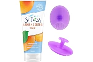 KEMJI ESSENTIALS St. Ives Blemish Control Apricot Facial Scrub & Silicone Face Wash Brush (1PC Random Colour) Set - Deep Cleansing & Exfoliating Kit for Radiant Skin