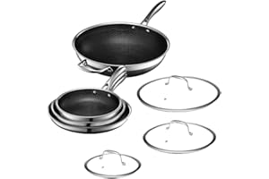 HexClad 7-teiliges Hybrid-Edelstahl-Kochgeschirr-Set mit Deckel und Wok - Metallbesteck und spülmaschinenfest, induktionsgeeignet, PFOA-frei, leicht zu reinigen, antihaftbeschichtete Bratpfanne mit Abdeckungen