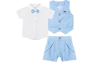 Oyolan Kinder Jungen Gentleman Smoking Anzug Kurz Hemd mit Krawatte + Weste + Shorts für Festlich Taufe Hochzeit