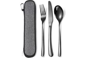 MURRI&MURRDI Stainless Steel Cutlery Set for 1, Reusable Flatware Set with Case, Cutlery Set for Work Stainless Steel Knife Fork Spoon Set 3 Piece (3 Black)