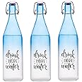 SAND DUNE Set of 3, 1000 ml Each Drink More Printed Glass clip top cap water bottle with flip top cap, Leak-Proof for water, Juices - Reusable Travel Glass Drinking Fridge Bottles