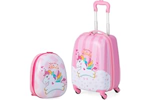 Maxmass 2PCS Kids Luggage Set, Hard Shell Children Trolley Case with 4 Universal Wheels, Girls Boys Suitcase and Backpack Set for Travel (Pink Unicorn, 12"+16")