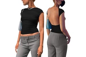 HAOLEI Haut Dos Nu Femme Manche Courte T-Shirt d'été Tops Dos Nu Y2k Crop Top Sexy Backless T-Shirt Ajusté Slim Fit Haut Chic Décontractée Col Rond Couleur Unie Portable Devant et Derrière