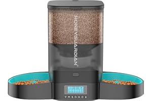 HoneyGuaridan Automatic Cat Feeder for 2 Cats, Equally Distributed Cat Feeder Timer Dispenser with Slow Feeder Bowls, 4-stage Seal Lock Fresh, Up to 6 Meals a Day - for Multi-Cats & Dogs