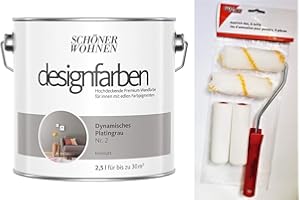 HAGEBAUSPN Schöner Wohnen designfarben feinmatte Wandfarbe für innen 2,5 Liter mit go/on Rollen-Set 5-tlg (Nr 2 Dynamisches Platingrau)