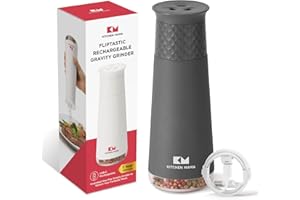 Kitchen Mama Rechargeable Gravity Salt and Pepper Grinder: Adjustable Coarseness, Refillable, Electric One-Hand Operated, Lightweight Spice Shaker Dispenser (Metal Gray)