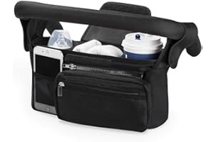 POUWAY Universal Stroller Organizer with Cup Holder and Mobile Phone Pocket Organiser, Multifunctional Baby Pram Bag Stroller Accessories Stroller Caddy Organizer Pushchair Organiser (Black)