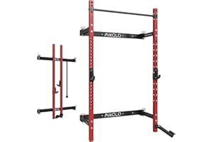 ZERELEK Wall Mounted Squat Rack Foldable, Power Rack 1000LB Capacity with Pull Up Bar, J Hooks, Landmine, Space-Saving Gym Equipment for Home