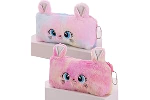 BetterJonny Lot de 2 Trousses à Crayons en Peluche, Jolie Trousse à Crayons Arc-en-Ciel pour Filles avec Motif de Chat Mignon - Rose