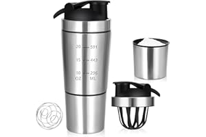 ROCKY&CHAO Coctelera de proteínas, 700 + 200 ml, acero inoxidable, con compartimento para polvo y bola, botella para batido de proteínas, deporte y fitness, con tapa a presión, a prueba de fugas