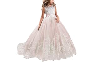 NNJXD Girls Lace Tulle Embroidered Princess Prom Ball Gown Formal Party Long Tail Dresses