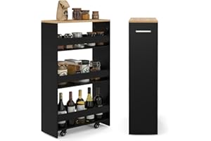COSTWAY Chariot de Rangement 20 cm à roulettes, Desserte de Cuisine Etroit à 4 Niveaux avec Poignée Latérale et Roues Universelles avec Freins, Design Étroit pour Petit Espace (Noir + Naturel)