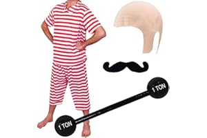 I LOVE FANCY DRESS MENS STRONGMAN COSTUME CIRCUS STRONG MAN FANCY DRESS 1920'S 40'S STRONGMEN WEIGHT LIFTER STRIPED TOP + STRIPED TROUSERS + MOUSTACHE + INFLATABLE DUMBELL + BALD CAP