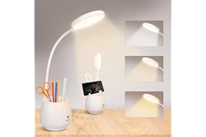 URAQT Lámpara Escritorio, Flexo LED para Lectura con Portalápices y Soporte Móvil, Lámpara Regulable para 3 Niveles de Brillo, Luz Nocturna con Control Táctil y Diseño de Cuello de Cisne de 360°