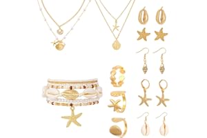 AOWVUTS 17-Piece Jewellery Set for Women Gold-Plated Shell Starfish Beads Necklace Earrings Rings Bracelets Anklet Adjustable Mermaid Costume Boho Jewellery Set Accessories Beach