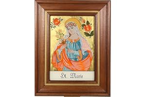 Hinterglaswerkstätten - Hinterglasbild / Patronatsbild "Hl. Marie" mit braun gebeizten Holzrahmen, handbemalt mit Legende des Heiligen auf der Bildrückseite, ca. B: 12,5 x H: 16 cm