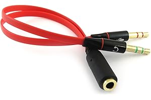 iXium 3.5mm Female to 2 Male Headphone Headset Microphone Y Splitter Audio Adapter Cable for PC Computer and Laptop - Red