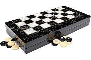 Chessgammon BACKGAMMON CHECKERS DRAUGHTS SET LARGE WOODEN FOLDABLE STORAGE TRAVEL HOLIDAY ADULT KIDS FAMILY TRADITIONAL BOARD GAME BLACK AND WHITE DESIGN WITH DOUBLING DICES