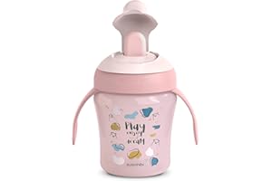 Suavinex, Vaso Aprendizaje Bebé con Boquilla Rígida Antidesgarro, Biberón con Asas, Tapa Protectora Abatible, Vaso Antiderrame, 200 ml, Bébés +6 Meses, Apto Lavavajillas, Bears Rosa