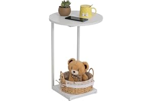 HDANI stolik pomocniczy,mały stolik boczny w kształcie litery C,Okrągły stolik kawowy Stolik do sofy, stolik do salonu z metalową ramą,40×40×60CM,biały