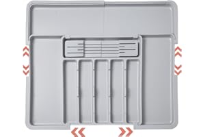 ZHUIYIWIN Portaposate Espandibile da Cucina con 2 Ceppi Rimovibili per Coltelli, Organizer Regolabile per Posate e Utensili da Cassetto (Grigio)