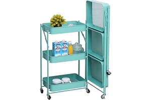 NTEK 3 Tiers Foldable Storage Trolley Cart | Kitchen utility carts | Foldable Rolling Carts | Trolley with Locking Wheels for Kitchen | Kitchen Storage Wagon | Storage Tower Holder Rack (Green)
