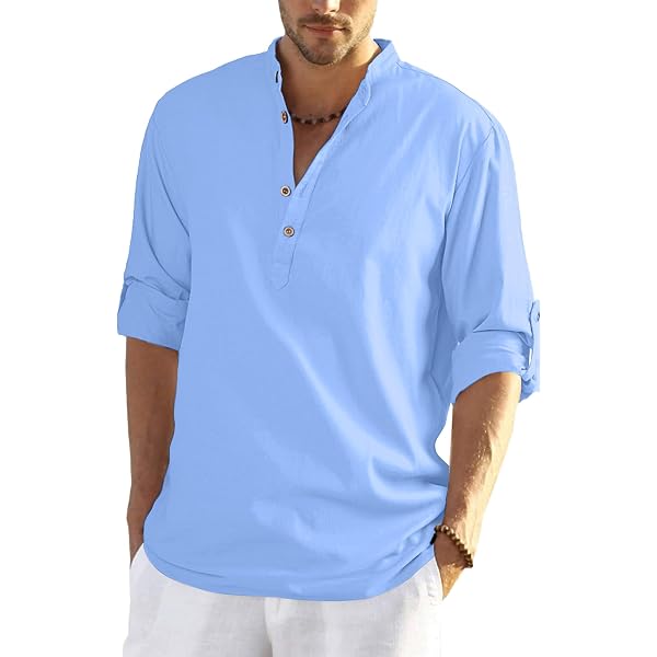 YAOHUOLE Herren Leinenhemd Langarm | Kragenloser Henley-Look | Leicht & Atmungsaktiv Für Den Sommer