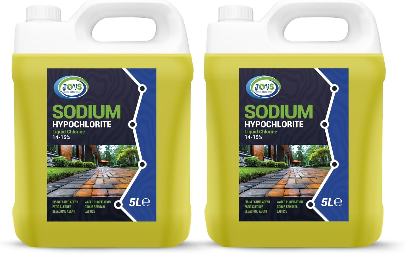 JOVS Sodium Hypochlorite 2x5L – High Strength (14-15%) Patio & Driveway Cleaner – Concrete, Brick, Slab, UPVC, Roof & Fence Cleaner – Black Spot, Oil Stain & Odour Remover – Bleaching Agent.