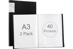 Srvnpioy 2 Stück A3 Päsentationsdisplay Buch, Sichtbuch in A3 Format, Mit 40 Klarsichthüllen für 80 Blatt, für Kunstwerke, Urkunden, Portfolio, Schwarz
