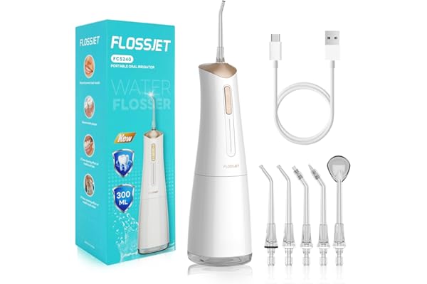 FlossJet Jet Dentaire Hydropulsuer Professionnel Irrigateur Oral de 300ML 5 Buses 4 Modes USB Chargé Étanche IPX7 Jet Dentaire de Voyage Hydropulseur Dentaire Sans Fil Portable Water Flosser(Blanc)