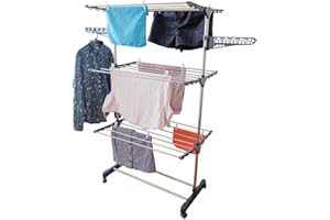 OXEO Etendoir Pliable sur roulettes - 3 Niveaux - Séchoir à Linge Acier - H145 cm - 10 cintres - 20 Pinces à linges - 2 Porte-cintres