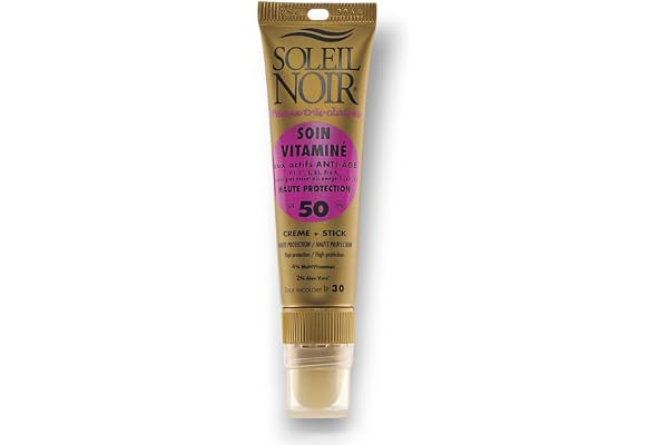 Soleil Noir - Combi 2-en-1, Crème Solaire SPF 50 Haute Protection UVA et UVB (20 ml) + 1 Stick à Lèvres SPF 30 (2 g) - Peaux Très Claires - Fabrication Française