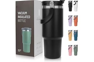 Riley Joy Thermobecher 900ml, 1200ml Trinkbecher mit Deckel und Strohhalm aus Edelstahl Isolation von Warm- und Kaltgetränken Kaffeebecher für Wasser, Kaffee oder Eistee (Schwarz, 900 ml)