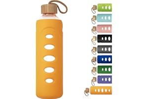 Ferexer 1 l / 1 l / 1000 ml sportowa butelka na wodę ze szkła borokrzemowego z ochronnym silikonowym rękawem i pokrywką bambusową (pomarańczowa)