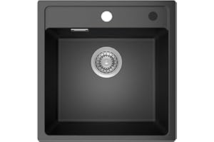 ANYCEE Lavandino Cucina Nero 45x46 cm, Lavello Cucina 1 Vasca in Granito, Lavello Nero con 80% Sabbia Quarzo per Mobile da 45cm, Vasca Singola con Sifone e Scarico
