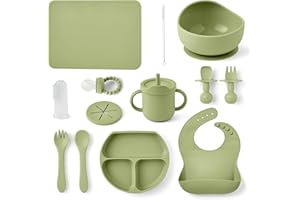 BABYMANA 14 Piece Silicone Baby Led Weaning Set: Complete Toddler Self-Feeding Essentials Kit - Placemat, Suction Plate, Bowl, Bib, Cup, Cutlery, 2-in-1 Pacifier & Teether, Toothbrush | 6 Months+ (Olive Green)