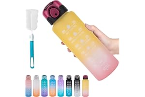 VARKDA Bouteille 1l, Gourde de sport-[BPA-free Tritan], 1000ml Gourde motivante avec paille et horodateur - gourde anti-fuite pour le vélo, le camping, la gym (Jaune/Rose)