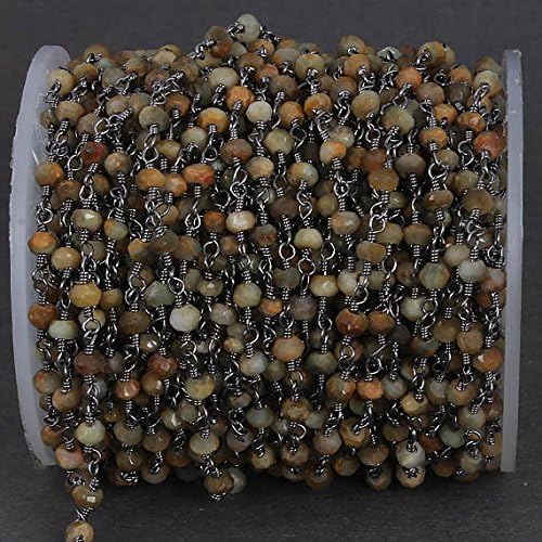 10 Feets Cats Eye 3mm-4mm Rosary Style Beaded Chain - Cats Eye Beads Oxidized Silver Plated Wire Wrapped Chain
