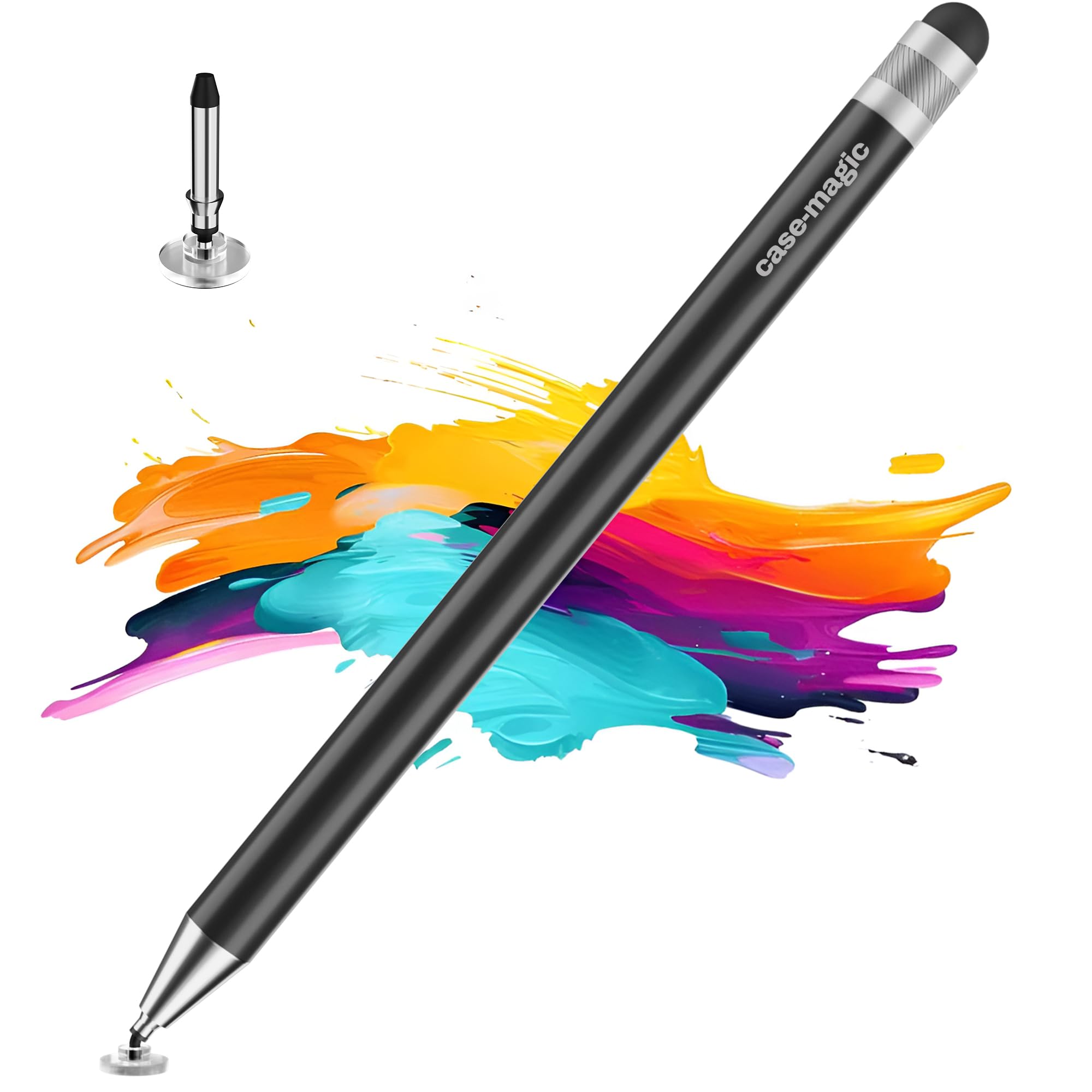 Case-Magic 2 in 1 Universal Stylus Pen with Fine Point Disc Tip+ Rubber Fiber Tip| for Smartphone/Tablet/iPad/Pro/Air/iPhone/iOS/Android/All Touch Screens| Aluminum Body (Black)