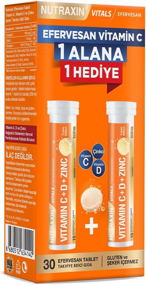 Nutraxin Effervescent Vitamin C-D-Zinc – 1000 mg C Vitamini, 400 IU D3 ve 10 mg Çinko İçeren Portakal Aromalı Efervesan Tablet – 30 Tablet – Vegan