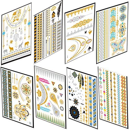 8 Sheets Bronzing Temporary Tattoo Gold Transfer Body Art Stickers for Wedding Party Dating Shopping
