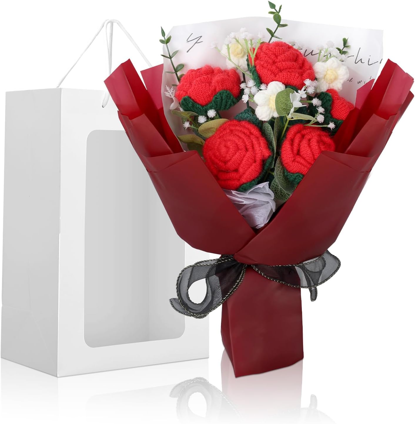 Foyucool Ramo de Flores de Ganchillo, Ramo Terminado Hecho a Mano con Bolsa de Regalo, Manualidad para Adultos, para Bodas, Día de la Madre, Día del Maestro y San Valentín, Rosa Roja