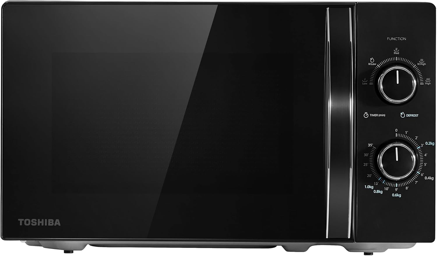 TOSHIBA Black Mirror Front Microwave 20 Liter 700W Manual Control, Compact with 5 Power Levels, Automatic Defrost, Perfect for 9'' Pizza, Clock and Timer, Easy Clean, MW2-MM20PF(MB)