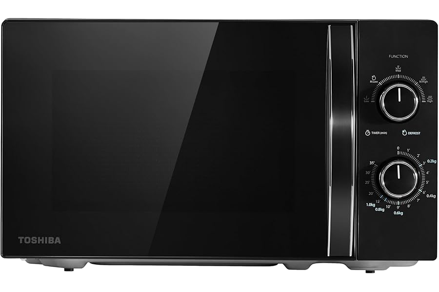 TOSHIBA Black Mirror Front Microwave 20 Liter 700W Manual Control, Compact with 5 Power Levels, Automatic Defrost, Perfect for 9'' Pizza, Clock and Timer, Easy Clean, MW2-MM20PF(MB)