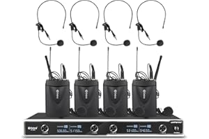 D Debra D-440 UHF 4 Channel Wireless Lavalier Headset Microphone System with 4 Cordless Mics, Ideal for Karaoke, Party, Church, Weddings, Stage, DJ, Outdoor, 300 Ft (4 Bodypack)